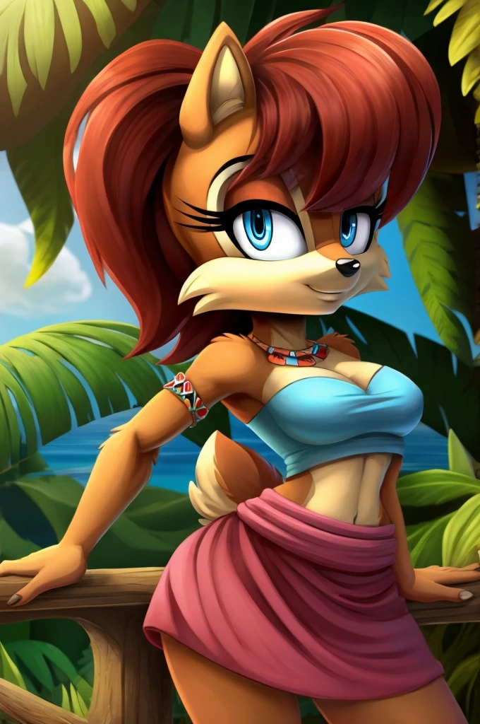 sonic (series), 1girl, anthro chipmunk girl, female mobian, mobian, blunt bangs, short auburn hair, blue eyes, (brown fur:1.3), aztec clothes, aztec skirt, jungle biome, aztec piramid, outline, Intricate Details, Masterpiece, Best Quality, High Quality, Studio Quality, Best Detail, Perfect Detail, Refine Detail, Sally Acorn 