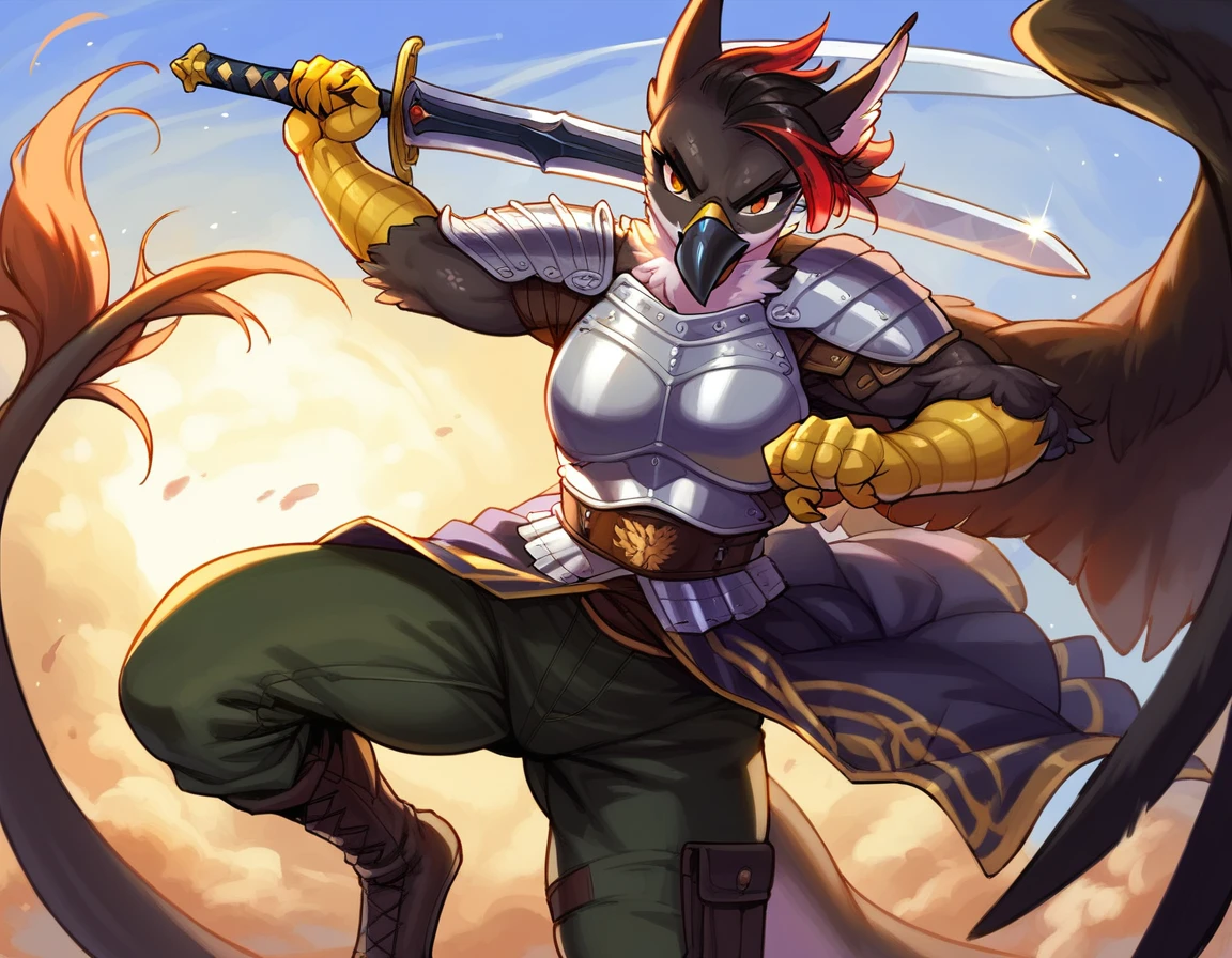 score_9_up, ((adult)), (gryphon:1.2), (solo, female, dragon scales, black scales), with Center parted shoulder length hairstyle, (wearing military armor, pants), (holding weapon, sword), action pose, show legs, scene background