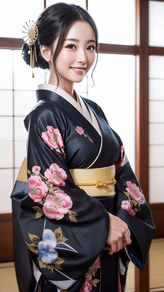 (Super beautiful woman in kimono)、((highest quality、8K masterpiece:1.3))、sharp focus:1.2、(super beautiful face:1.0)、(shiny skin:1.0)、realistic pictures、black hair、video lighting、High resolution eyes and face、video lighting、japanese actress、from the front、with a happy smile、whole body、wearing a kimono、in Kyoto、(luxury obi)、with a fan