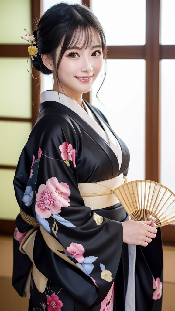 (Super beautiful woman in kimono)、((highest quality、8K masterpiece:1.3))、sharp focus:1.2、(super beautiful face:1.0)、(shiny skin:1.0)、realistic pictures、black hair、video lighting、High resolution eyes and face、video lighting、japanese actress、from the front、with a happy smile、whole body、wearing a kimono、in Kyoto、(luxury obi)、with a fan