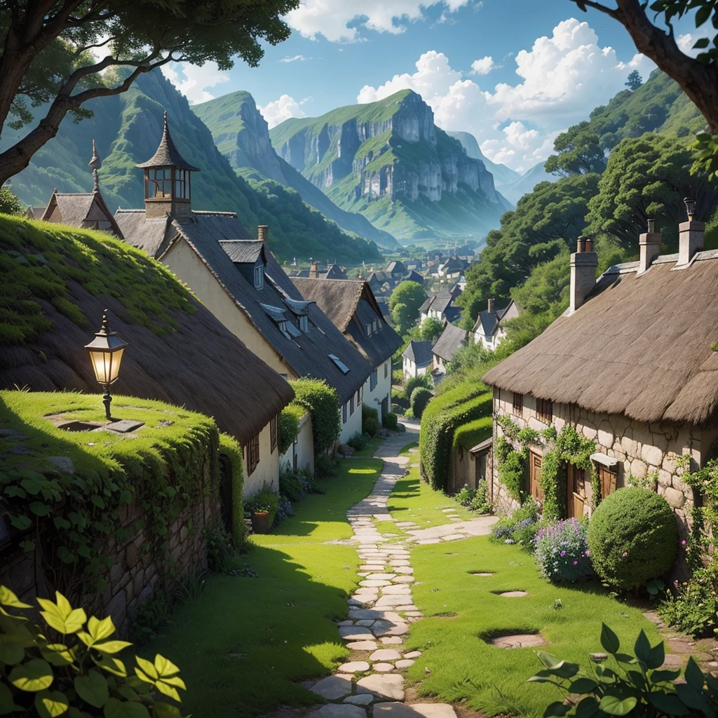 A small village with two houses, rpg maker style map with top view, chrono trigger style, detailed environment, lush greenery, cobblestone paths, thatched roof houses, decorative lanterns, rolling hills, cloudy sky, vibrant colors, warm lighting, realistic textures, masterpiece, 8k, photorealistic