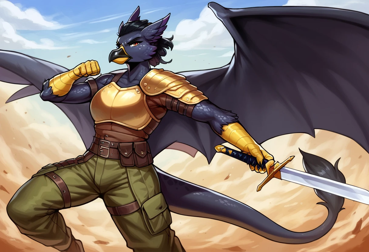  score_9_up, ((adult)), (gryphon:1.2), (solo, female, dragon scales, black scales), with Center parted shoulder length hairstyle, (wearing military armor, pants), (holding weapon, sword), action pose, show legs, scene background