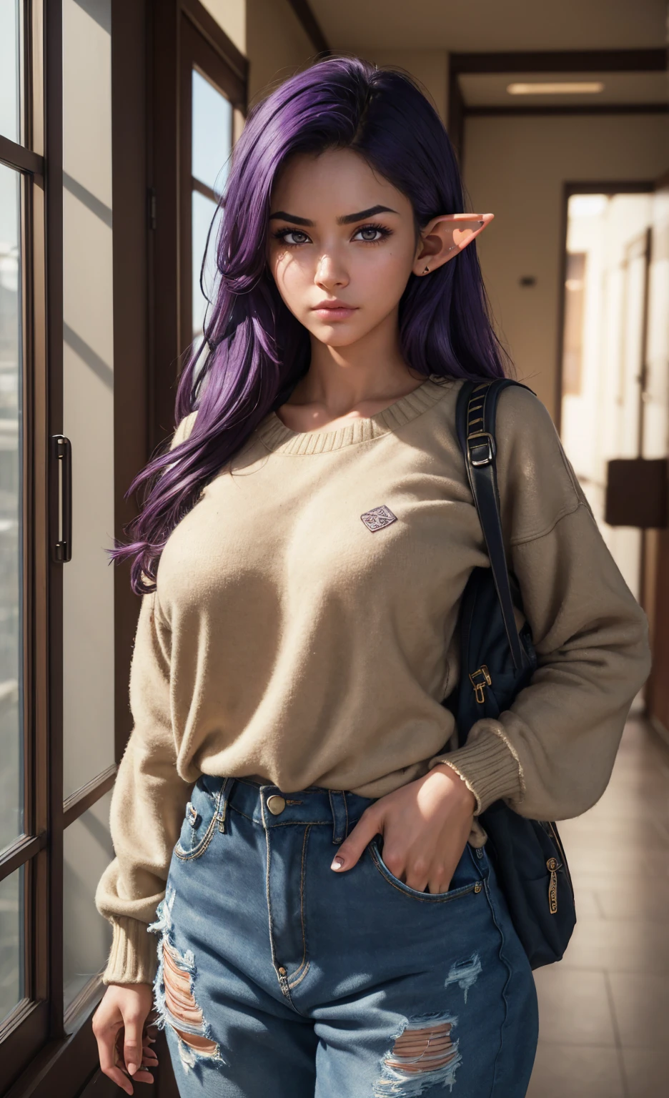 (masterpiece), (extremely intricate:1.3), (realistic), portrait of a girl, huge and perfect breasts, the most beautiful in the world, dark eyebrows, bright purple hair, short very shaggy and messy hair, almond eyes, scowl, (annoyed pout:1.2), blushing heavily, (oversized baggy cosy sweater), (ripped baggy jeans), (canvas sneakers), (backpack), (elf ears:1.1), tanned, detailed textures, indoors, bright sunlight, classroom hallway, professional photograph of a stunning woman detailed, looking at the camera, alluring stare, detailed eyes, sharp focus, dramatic, award winning, cinematic lighting, octane render unreal engine, volumetrics dtx, (film grain, blurry background, blurry foreground, bokeh, depth of field, motion blur:1.3)