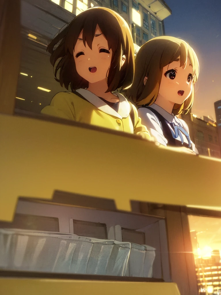 1girl, (((masterpiece))), top-quality, top-quality, High Details, hirasawa yui, 1girl, Sakuragaoka High , student clothes, Twin-yellow hairpin, short hair, A brown-haired, brown-eyed, solo, reddish, pink cardigan, reddress, dress unde cardigan(((depth of fields))))。(((masterpiece)))。(((top-quality))).)((Ultra-detail)))。(((illustratio)))。(((takeout))).dynamic focus.big breasts.(((Skyscrapers))).(((A city scape))).(((Face of happy))). open mouth.(((put hands on the hip))).(((up chest))).((morning glow)).((the setting sun)).