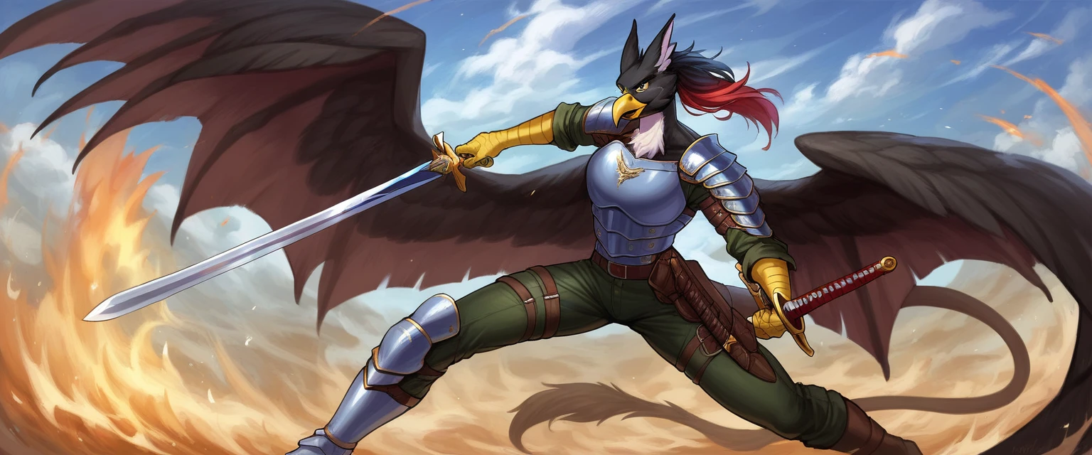 score_9_up, ((adult)), (gryphon:1.2), (solo, female, dragon scales, black scales), with Center parted shoulder length hairstyle, (wearing military armor, pants), (holding weapon, sword), action pose, show legs, scene background