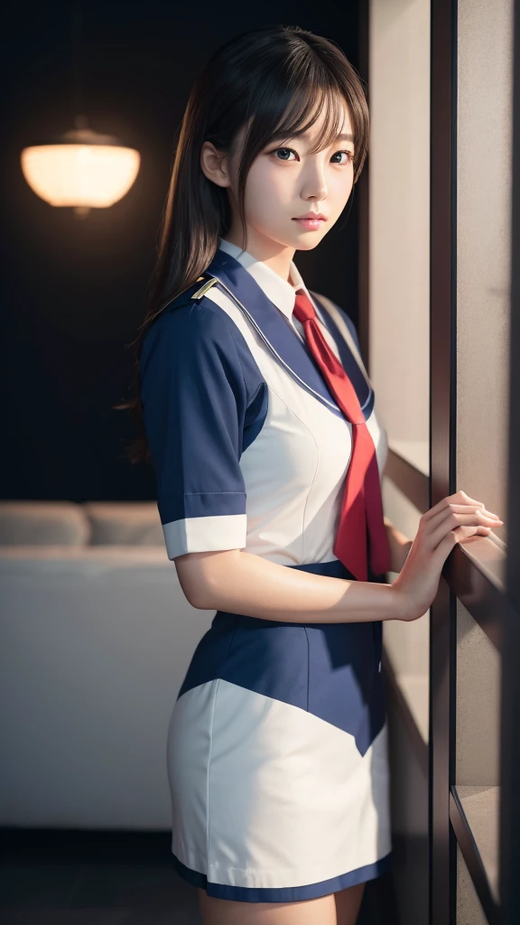 A beautiful young Japanese woman, around 20 years old, wearing a stewardess uniform, ultra-detailed, 8K resolution, highly realistic, cinematic lighting, best quality, masterpiece, photorealistic, physically-based rendering, extremely detailed, vivid colors, professional, sharp focus, studio lighting