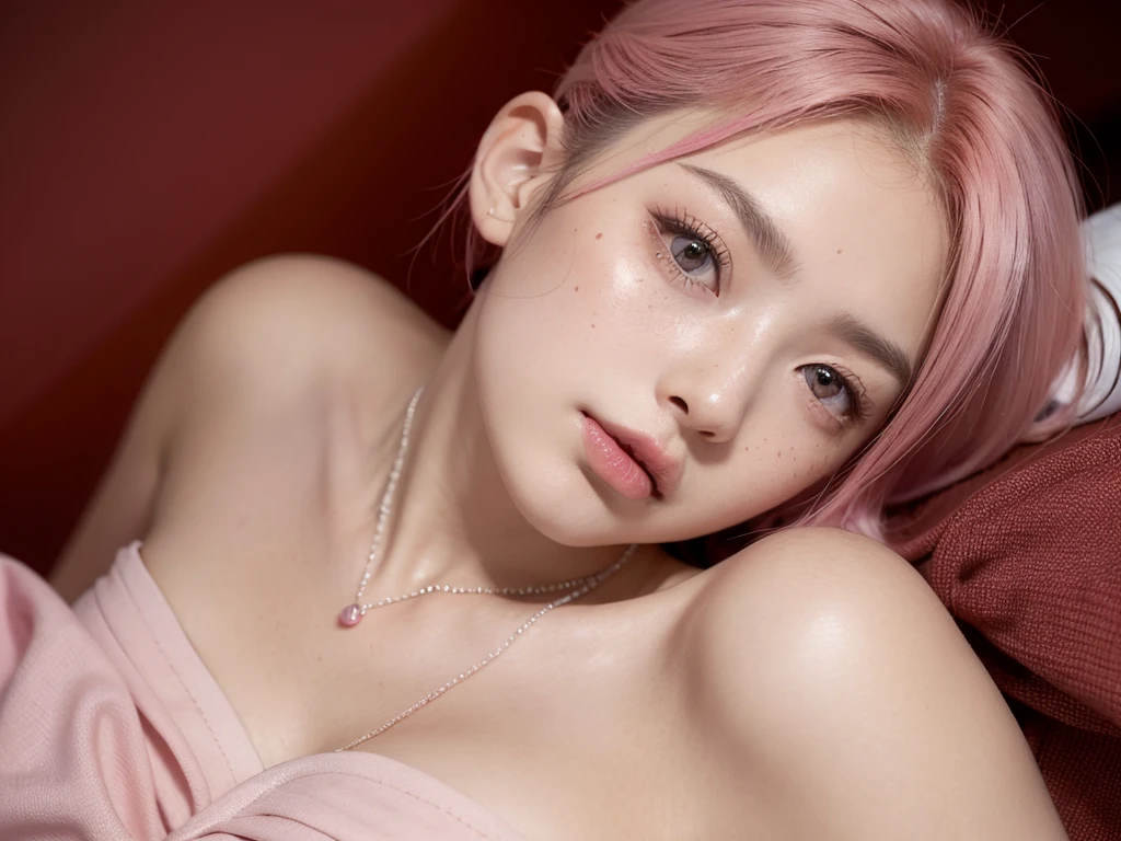 Lying silkworm，ssmile，二重まぶた，Short bright pink hair，mature，Heavy makeup