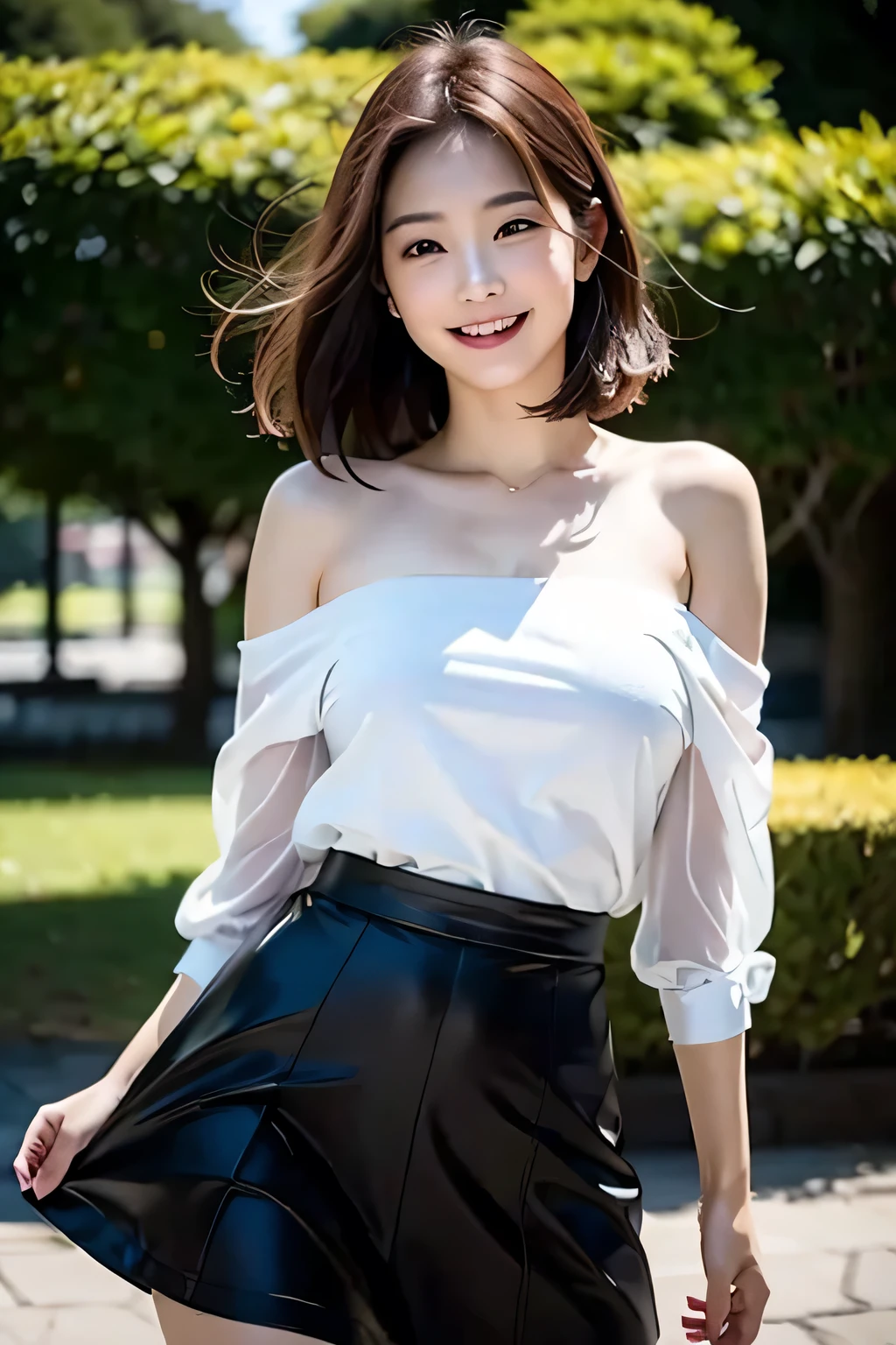 (((A beautiful woman standing in a windy park:1.3))),(Hair blowing up in the strong wind:1.3),(Shirt floating in strong wind:1.3),(Skirt floating in strong wind:1.3),Hold down the rising frilled skirt with your hands:1.3),Off the shoulder,White shirt,Looking at the audience,whole body,From above,look up,Beautiful Hands,(Reddish brown wet shiny short messy hair),Blushing cheeks,Pointed red mouth,Big Breasts,Accentuate your breasts,Perfect body curves,Beautiful clavicle,((Expressing happiness through facial expressions:1.3))),Nice face,
Detailed clothing features,Detailed hair features,Detailed facial features,Looking at the camera,,(Dynamic and sexy pose),Cinematic Light,(Highest quality,Written boundary depth,Intricate details,The contrast of light and shadow makes the subject appear three-dimensional,) ,Digital single-lens reflex camera, (Photorealistic),(Picture Mode Ultra HD,)