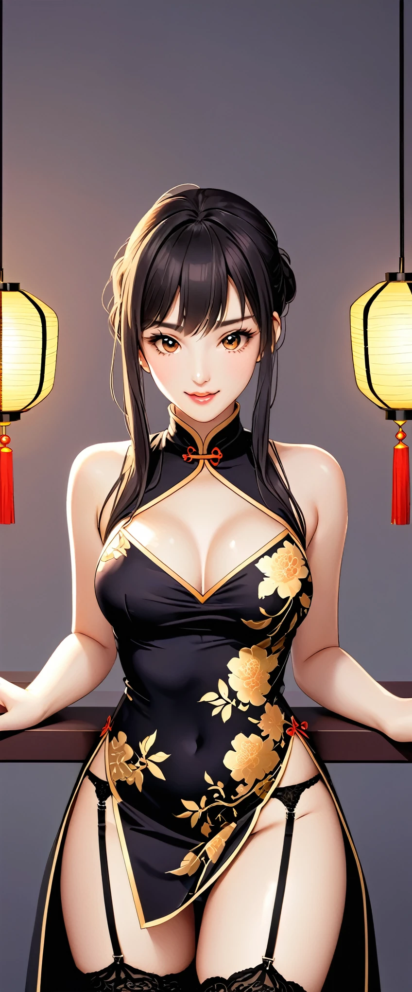 High resolution, Adult female , Good lighting, virile, , (No nudity), (((China dress))), (()), ((())), (garter belt), Abdominal area only, (),  ,  Cute face, I&#39;blush with embarrassment, Humiliating, ((Looking Back)), ((See-through))()(Thong)(A lot of stuff is attached to the body,)