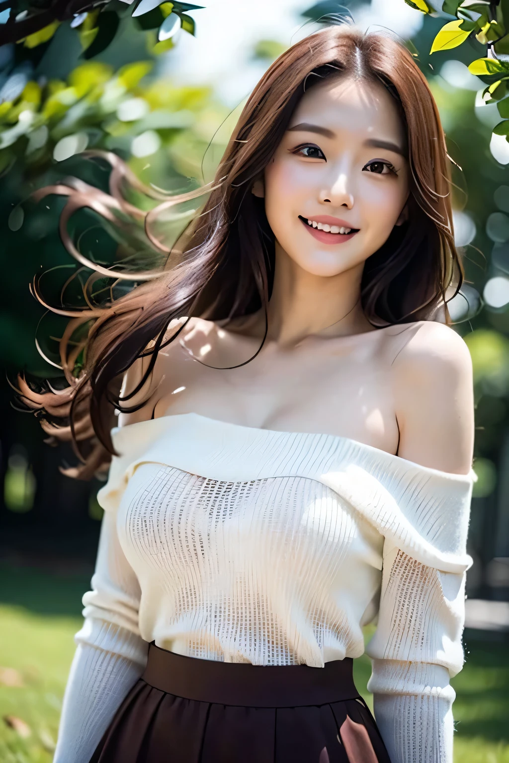 (((A beautiful woman standing in a windy park:1.3))),(Hair blowing up in the strong wind:1.3),(Shirt floating in strong wind:1.3),(Skirt floating in strong wind:1.3),Hold down the rising frilled skirt with your hands:1.3),Off the shoulder,White shirt,Looking at the audience,whole body,From above,look up,Beautiful Hands,(Reddish brown wet shiny short messy hair),Blushing cheeks,Pointed red mouth,Big Breasts,Accentuate your breasts,Perfect body curves,Beautiful clavicle,((Expressing happiness through facial expressions:1.3))),Nice face,
Detailed clothing features,Detailed hair features,Detailed facial features,Looking at the camera,,(Dynamic and sexy pose),Cinematic Light,(Highest quality,Written boundary depth,Intricate details,The contrast of light and shadow makes the subject appear three-dimensional,) ,Digital single-lens reflex camera, (Photorealistic),(Picture Mode Ultra HD,)