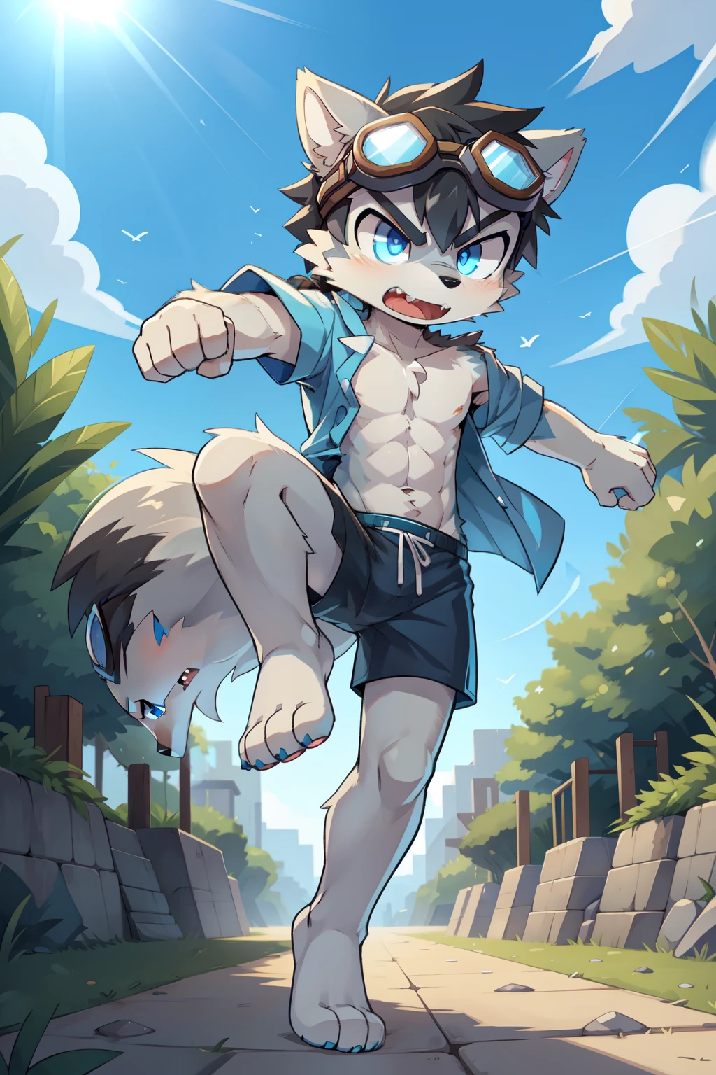 score_9,score_8_up,score_7_up, source_cartoon, source_furry, Furry shota, young, wolf, black hair, long spiky large ponytail, blue eyes, detailed body fur, ((goggles, blue hawaiian shirt, open clothes, one shoulder off, black swim trunks)), looking at another, fangs, clear grey body fur, detailed face, big eyebrows, detailed eyes, detailed body, detailed body fur, detailed hands, glistering body, shiny body, solo, skinny, running, kick towards viewer, angry expression, glowing blue eyes, outdoors, from above, fight, dynamic action shot, speed lines, motion blur, Birds Eye view, fighter pose, feet focus, barefoot, feet with three toes, high kick, pawpads,