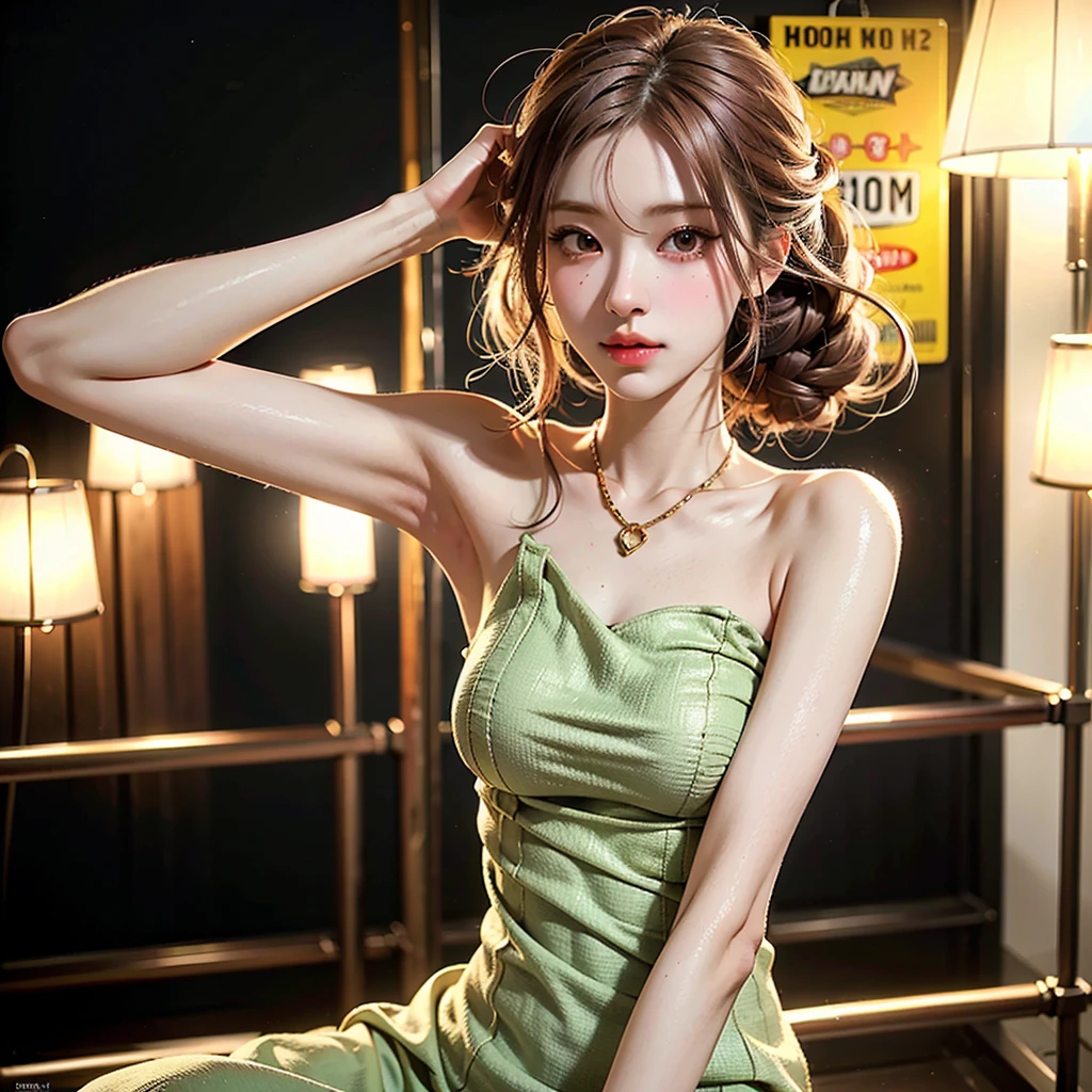 beautiful young russian woman, 8k, Perfect physique,Perfect proportions,detailed face, high quality, photorealistic, stunning eyes, long eyelashes, attractive facial features, flawless skin, light brown hair, tight waist, stylish clothes, necklace, active posing, rough long hairstyle, vivid colors, masterpiece, best quality、Random pose