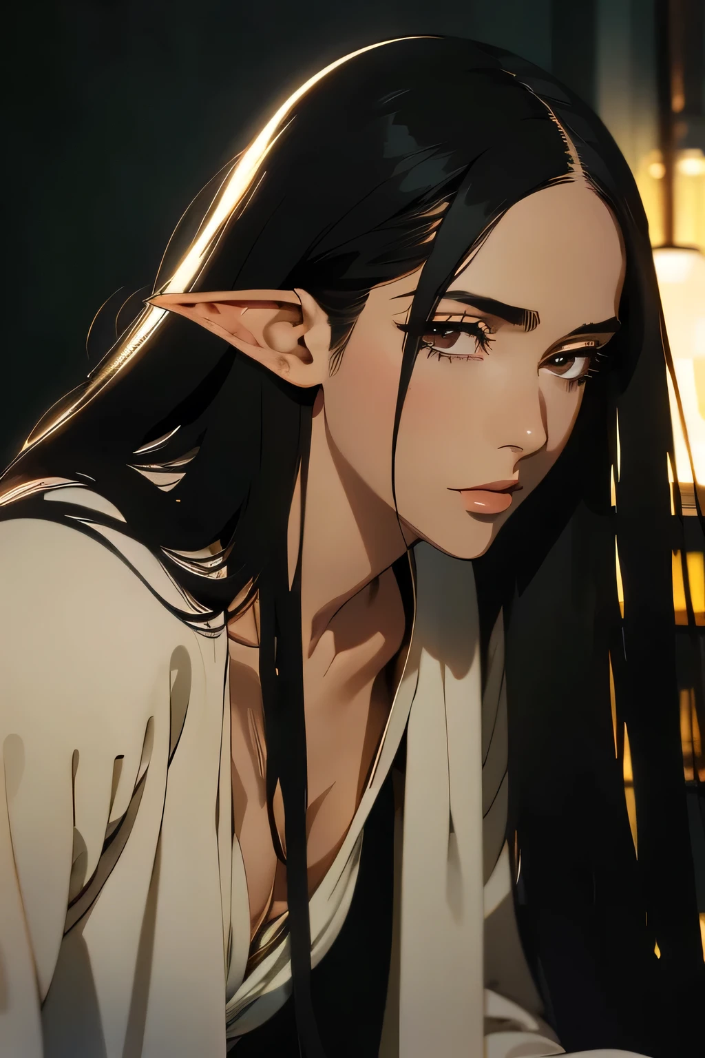 solo, (sophisticated victorian dress:1.0), ((masterpiece)),((high resolution)), ((best quality)), extremely fine and beautiful, super fine illustration, (realistic skin), (insanely detailed anime eyes), detailed face, vivid and beautiful, shocking sensation, incredibly detailed, beautiful detailed girl, supple breasts, front view, facing at viewer, black hair, (elf), medium long elf ears, (see-through:0.5), covered, ((black hair)), (very long hair), profile, sitting, plump breasts, plump thighs, wide hips, movie lighting, perfect shadow, realistic lighting shaded, (golden eyes), dark lips, (smoking), (hair with bangs), (full body), (big hips), (smiling), (golden eyes)
