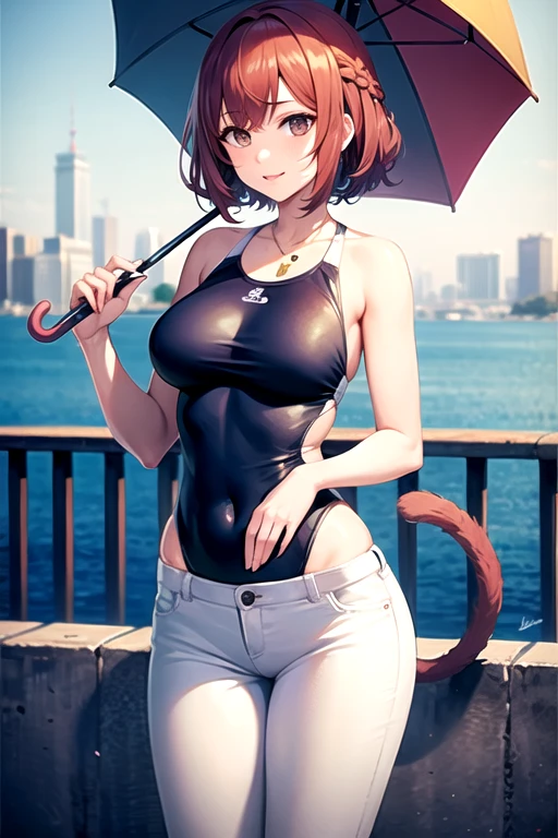 anime girl 26 years old white swimsuit navy blue denim pants urban landscape red hair brown eyes with cat on the shoulder and umbrella