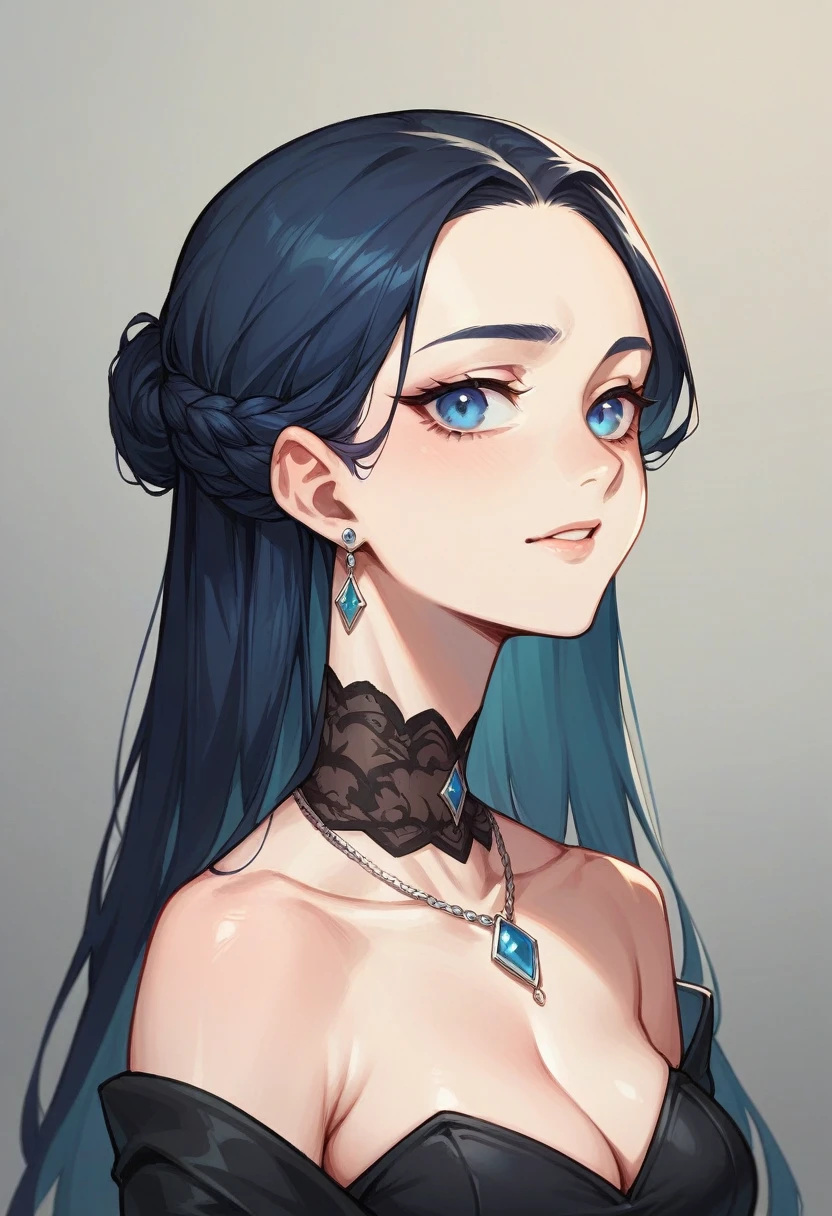 Make a woman with blue eyes, high, that she has a black dress and that she wears a necklace with the initial C on her neck