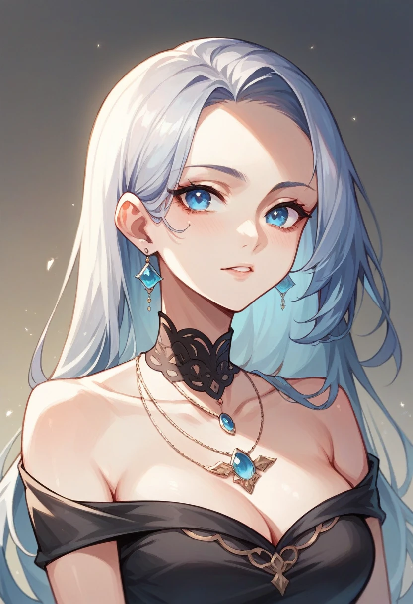 Make a woman with blue eyes, high, that she has a black dress and that she wears a necklace with the initial C on her neck