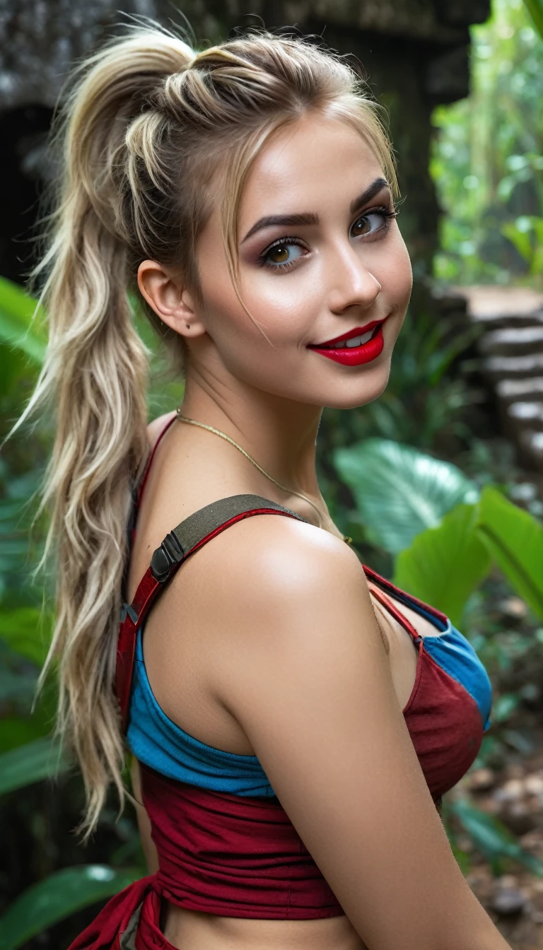 ultrarealistic high quality fullbody photo of a beautiful busty slim european 19-year-old mwoman with cute hyperdetailed shy face and dyed platin blonde long messy ponytail hair and happy face, realistic round hazel eyes, red lips, dark eye makeup with eyeliner, wearing lara croft cosplay outfit, hourglass body, outdoor shooting with mayan ruins in the jungle