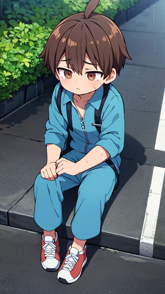 To a very sad  boy sitting on a sidewalk crying The weather is rainy  He's wearing a jumpsuit 