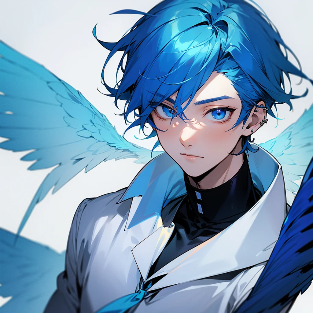 A young man with blue hair, piercing blue eyes, and blue bird wings.