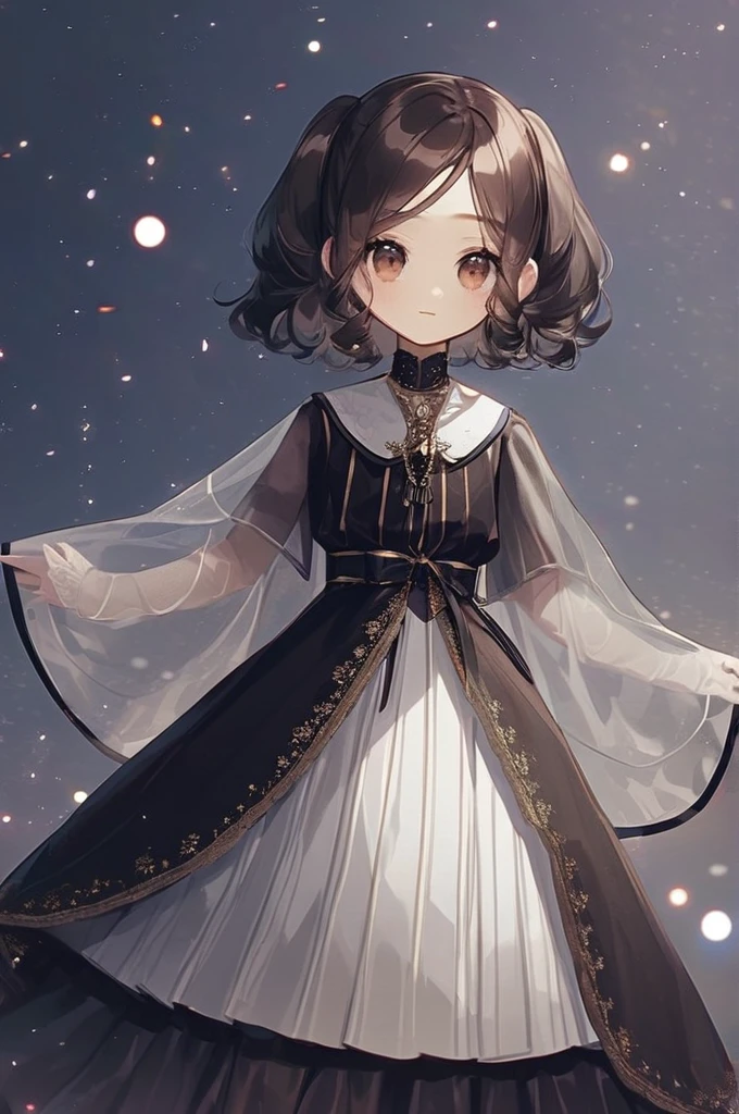 ((Лучшее качество)), ((шедевр)), (подробный), a thin girl, long dark hair, brown eyes, in a dress made of transparent fabric.