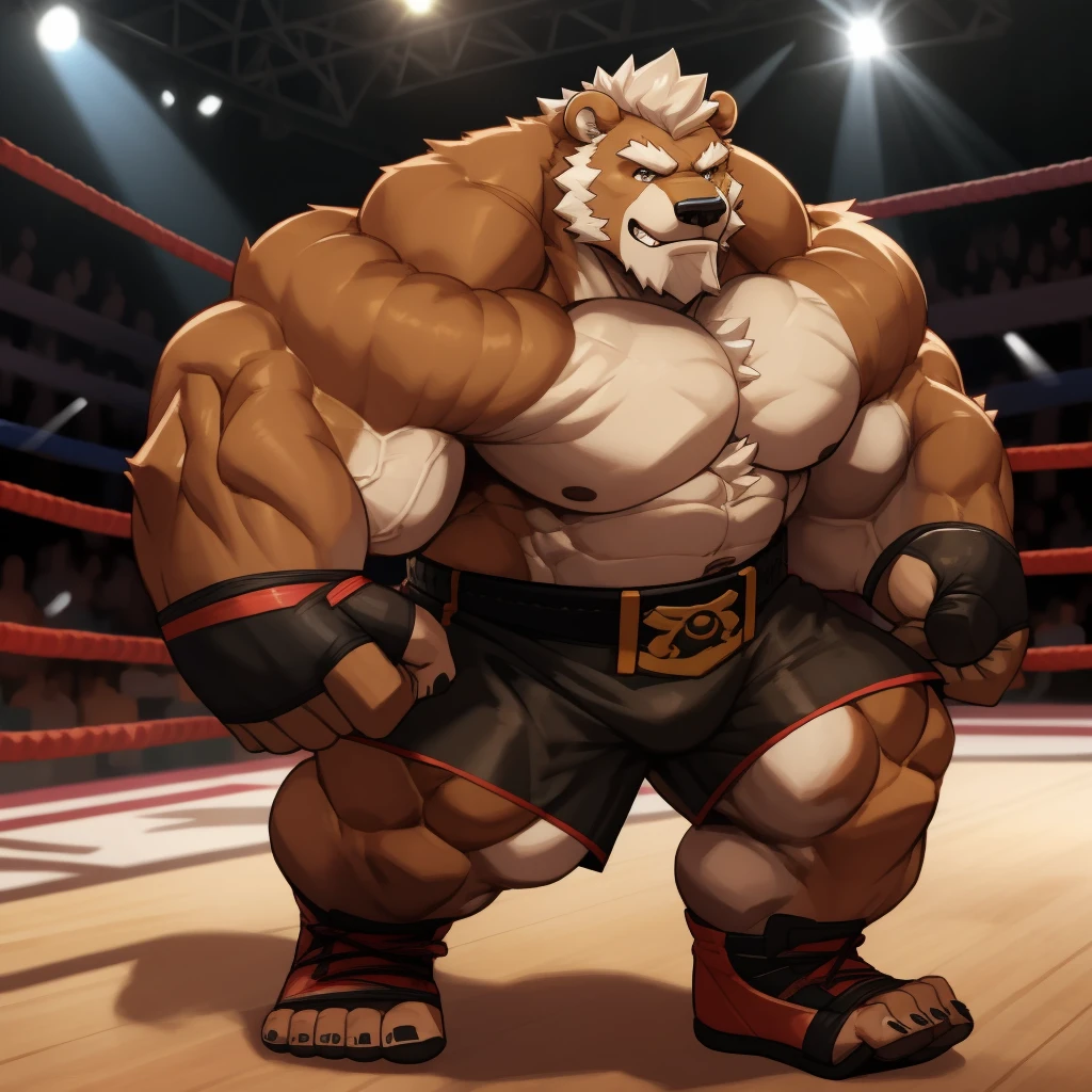 solo, 1boy, Huge Muscular Old Grizzly Bear wearing kickboxing MMA belt , thick pectoral, thick arms, huge pectoral, wide pectoral, hige brown fur, short white hair, Kickboxing MMA shorts, kickboxing MMA gloves, Kickboxing MMA Footwear 5 toes and shirtless, bearded, Kickboxing Martial Arts Cage Tournament background, masterpiece, semirealistic:1.2, high detailed, 8k, high resolution,  flexes his bicep