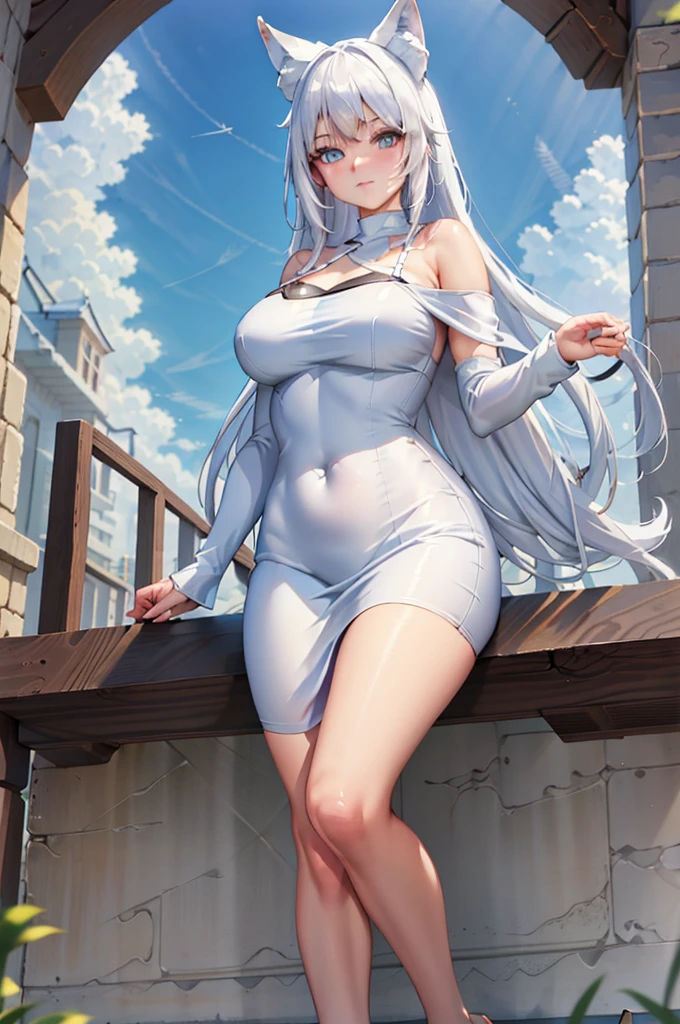 (8k, RAW photo, best quality, masterpiece:1.2), (intricate details), perfect eyes, perfect face, perfect lighting, beautiful, (masterpiece:1.2), (best quality:1.2), 1girl, solo, white fox girl, white hair, ((long loosen hair)), fox ears, white long fluffy tail, adult torso, , slight smile, huge sized breasts, ( blue dress), cowboy shot, 3DMM, seated, front view