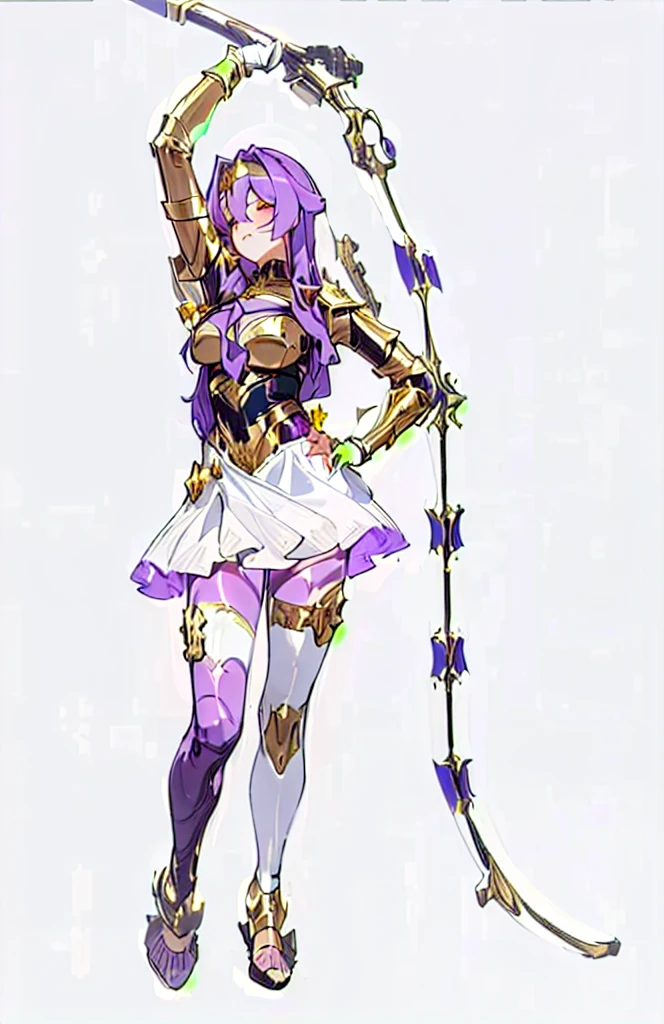 ((detailed)), High_quality, (realistic), CG, art, 8k, masterpiece, (front), character_art, (Sirin), purple_hair, long_hair, medium_breasts, armor, (bodysuit), (greek_clothing), golden accents, latex_bodysuit, glowing_bodysuit, (high_Heels), sexy, lunar themed attire, triumphant pose, vi from arcane, (princess), crown