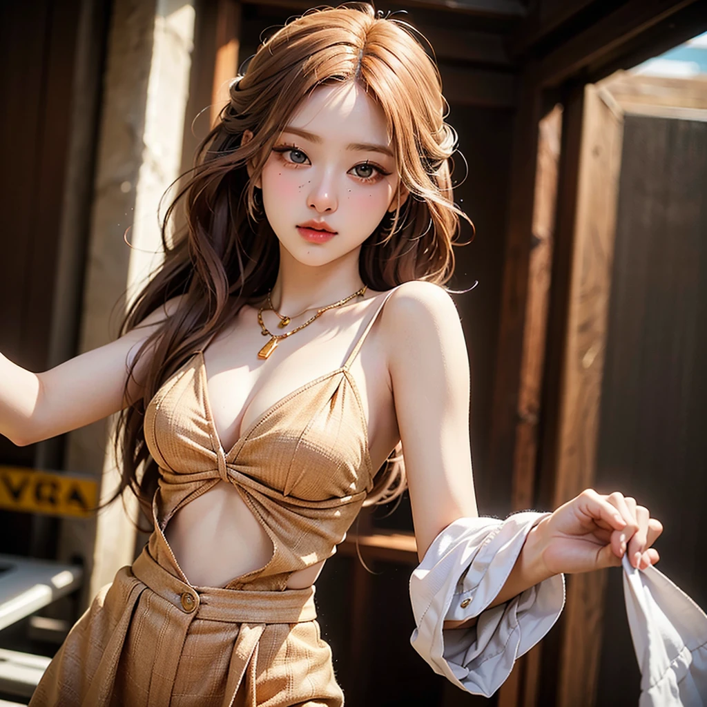 beautiful young russian woman, 8k, Perfect physique,Perfect proportions,detailed face, high quality, photorealistic, stunning eyes, long eyelashes, attractive facial features, flawless skin, light brown hair, tight waist,  stylish clothes, necklace, active posing, rough long hairstyle, vivid colors, masterpiece, best quality、Random pose