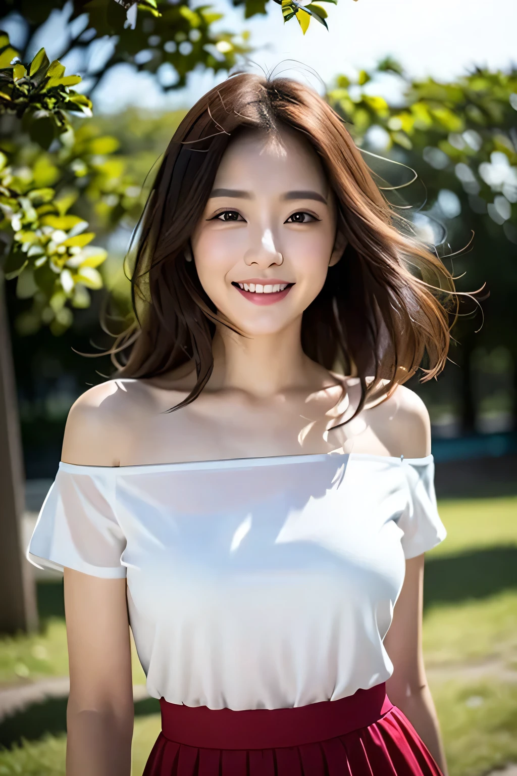 (((A beautiful woman standing in a windy park:1.3))),(Hair blowing up in the strong wind:1.3),(Shirt floating in strong wind:1.3),(Skirt floating in strong wind:1.3),Hold down the rising frilled skirt with your hands:1.3),Off the shoulder,White shirt,Looking at the audience,whole body,From above,look up,Beautiful Hands,(Reddish brown wet shiny short messy hair),Blushing cheeks,Pointed red mouth,Big Breasts,Accentuate your breasts,Perfect body curves,Beautiful clavicle,((Expressing happiness through facial expressions:1.3))),Nice face,
Detailed clothing features,Detailed hair features,Detailed facial features,Looking at the camera,,(Dynamic and sexy pose),Cinematic Light,(Highest quality,Written boundary depth,Intricate details,The contrast of light and shadow makes the subject appear three-dimensional,) ,Digital single-lens reflex camera, (Photorealistic),(Picture Mode Ultra HD,)
