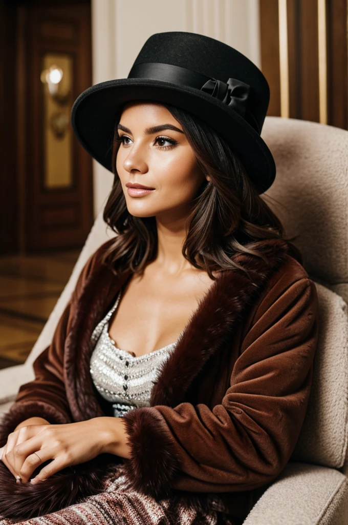 a woman sitting wearing a hat and fur boa