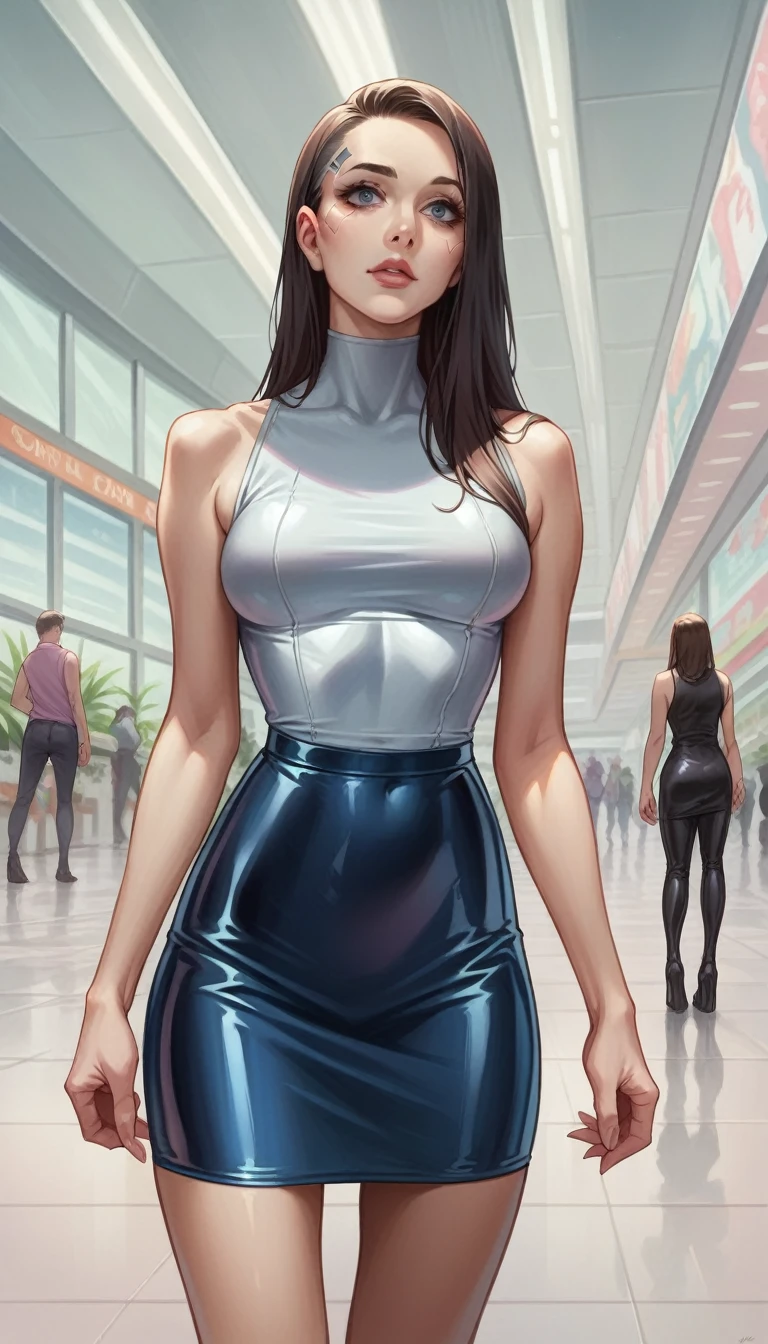 young woman cyborg flight attendant distributes food on board an airplane, walks between the rows with a cart and smiles at passengers, black hair, futuristic flight attendant, (topless:1.3), (small breasts:1.4), (mini skirt:1.4)