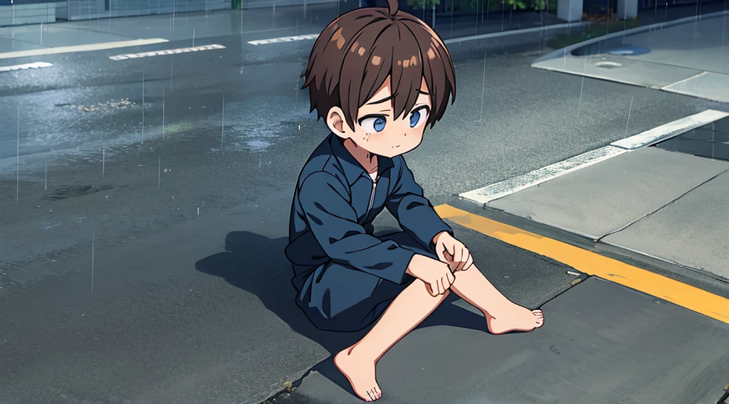 To a very sad ********** sitting on a sidewalk crying The weather is rainy  He's wearing a jumpsuit and is barefoot 