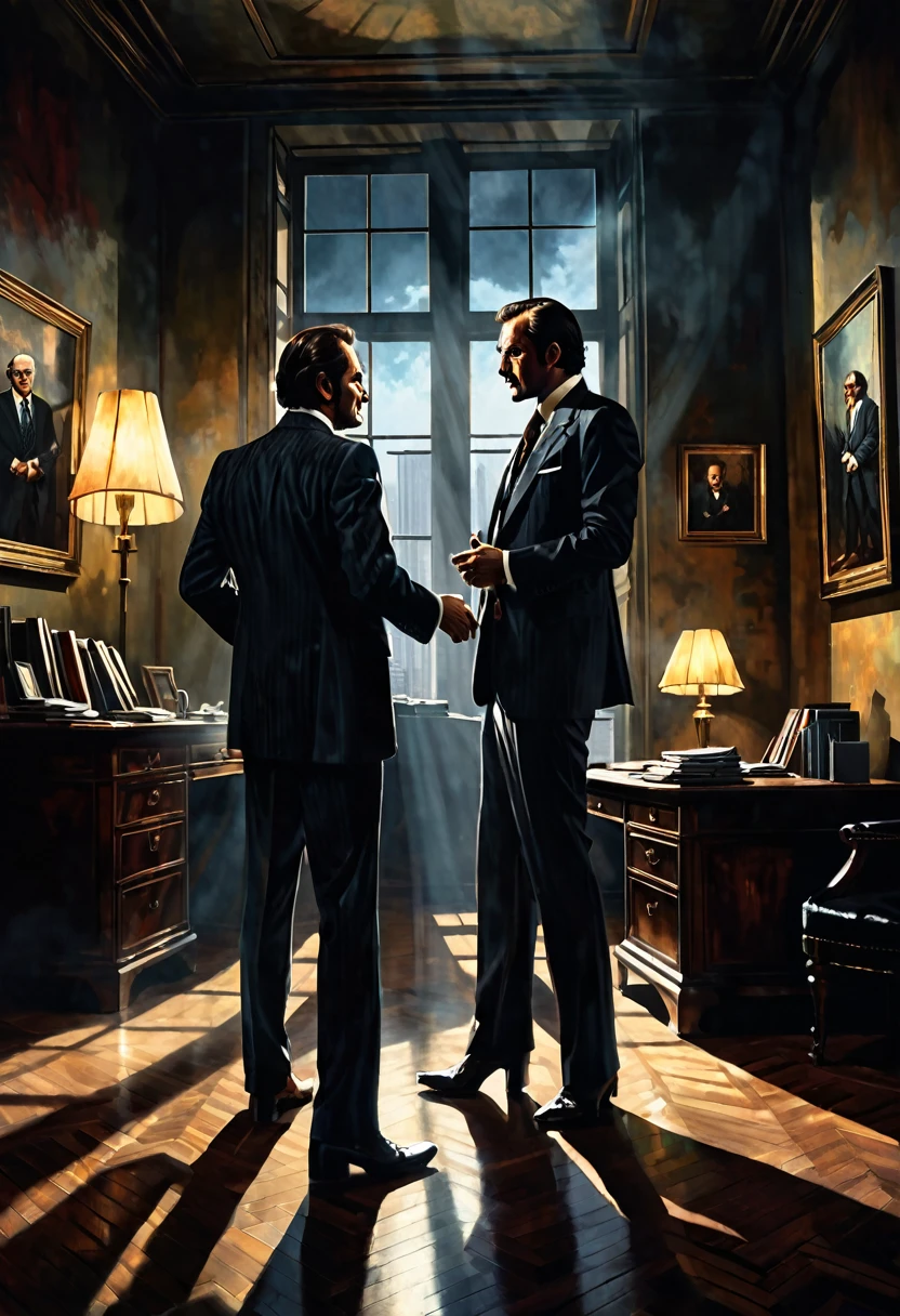 Scene with two men in suits in an office of a building arguing, Maximum details, dark fantasy style from the 70s, with intense German-style romantic painting. Shadows and spectacular lighting.