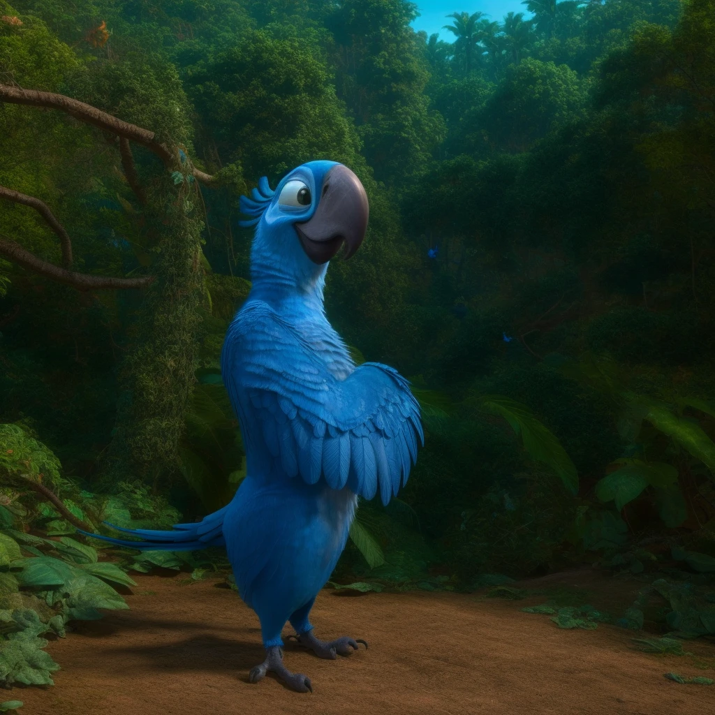 Nsfw, rio movie, Blu a male Spix macaw, solo, feathered body, macaw, bird body, chubby body, brown eyes, side view, ((anthro)), biped, ((tapering penis and testicles)), standing, smiling, jungle landscape, daytime, looking at the ground,