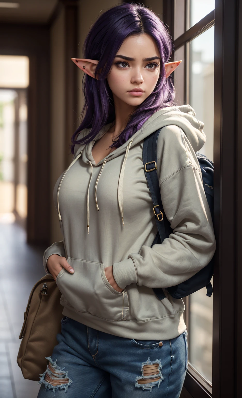 (masterpiece), (extremely intricate:1.3), (realistic), portrait of a girl, huge and perfect breasts, the most beautiful in the world, dark eyebrows, bright purple hair, short very shaggy and messy hair, almond eyes, scowl, (annoyed pout:1.2), blushing heavily, (oversized baggy cosy hoodie), (ripped baggy jeans), (canvas sneakers), (backpack), (elf ears:1.1), tanned, detailed textures, indoors, bright sunlight, classroom hallway, professional photograph of a stunning woman detailed, looking at the camera, alluring stare, detailed eyes, sharp focus, dramatic, award winning, cinematic lighting, octane render unreal engine, volumetrics dtx, (film grain, blurry background, blurry foreground, bokeh, depth of field, motion blur:1.3)