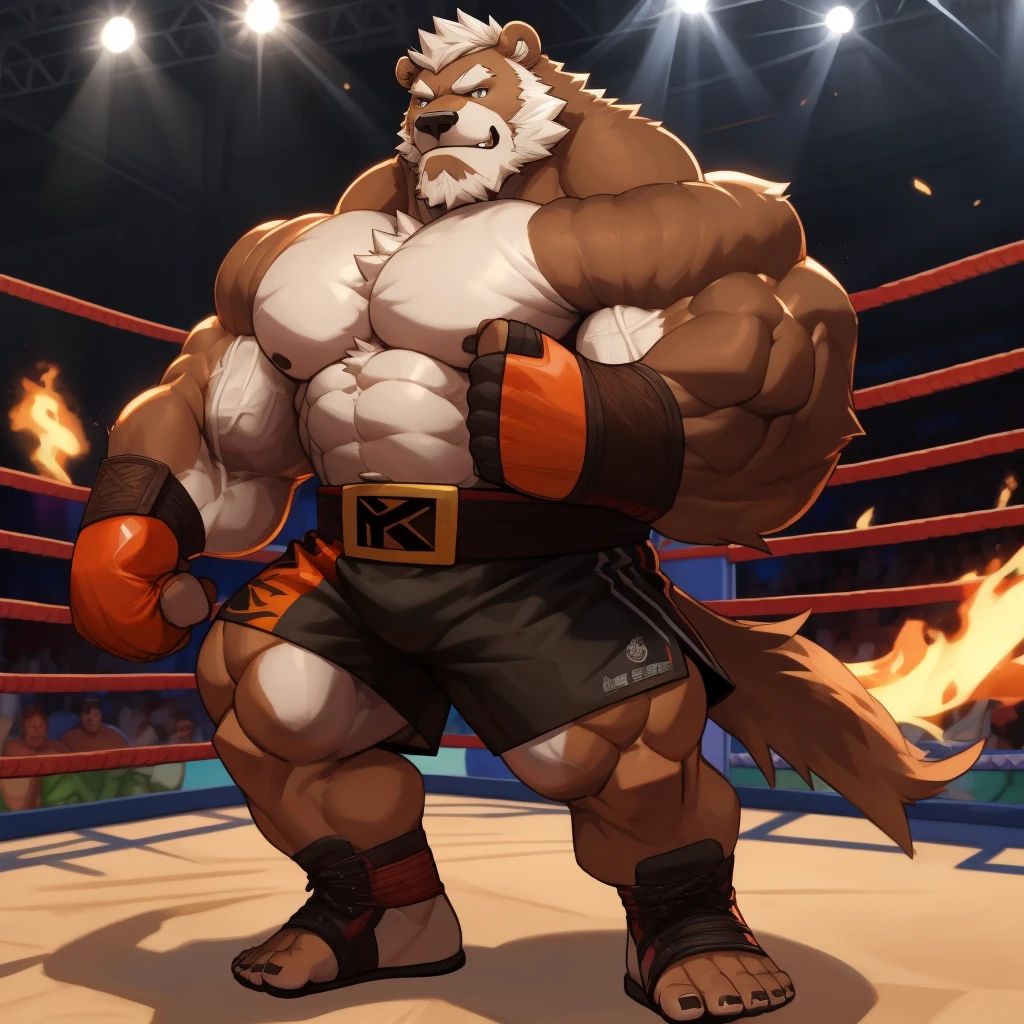 solo, 1boy, Huge Muscular Old Grizzly Bear wearing kickboxing MMA belt , thick pectoral, thick arms, huge pectoral, wide pectoral, hige brown fur, short white hair, Kickboxing MMA shorts, kickboxing MMA gloves, Kickboxing MMA Footwear 5 toes and shirtless, bearded, Kickboxing Martial Arts Cage Tournament background, masterpiece, semirealistic:1.2, high detailed, 8k, high resolution, flexes his biceps
