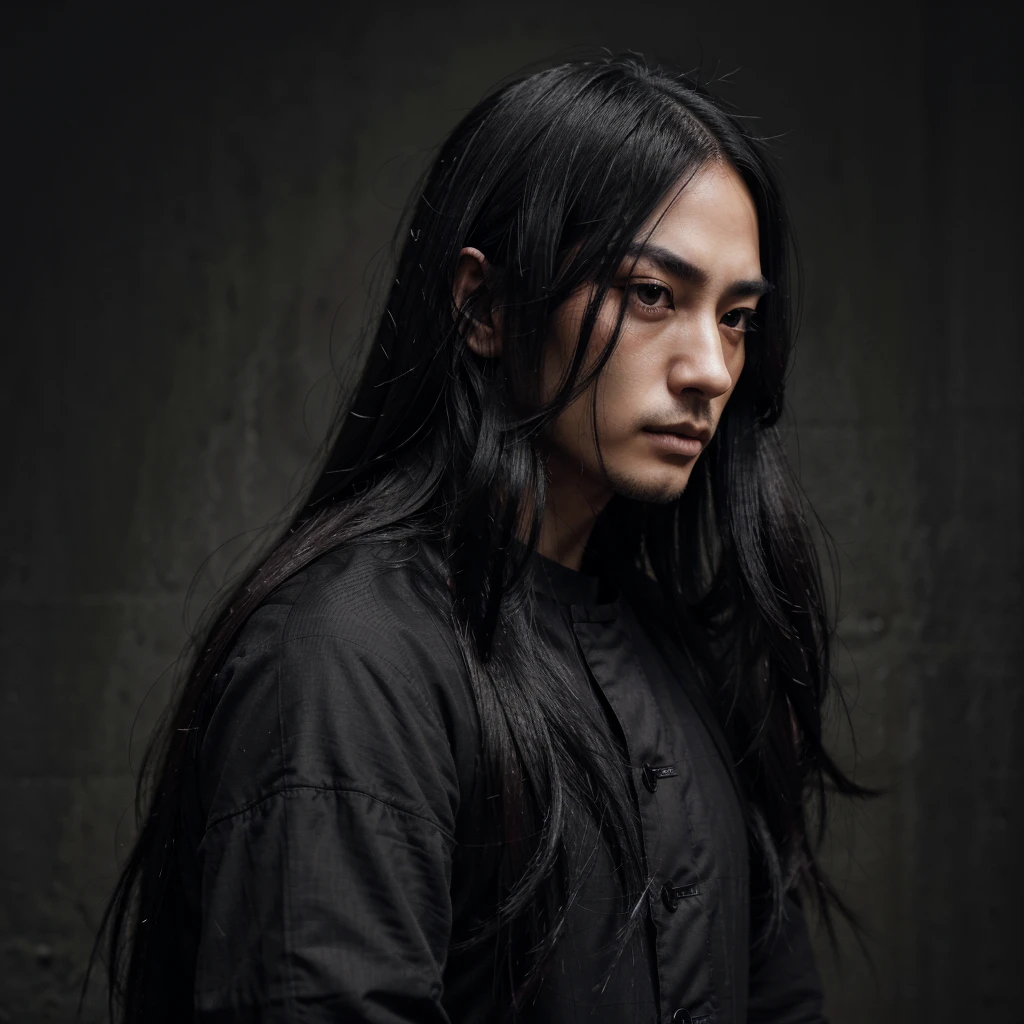 A japanese man, very long black hair, beautiful detailed eyes, detailed small nose, detailed lips, black medium beard, longeyelashes, serious expression, detailed facial feature, hyper realistic, dark moody atmosphere, muted color palette, dramatic shadows, with black clothes, profile picture 8k high definition