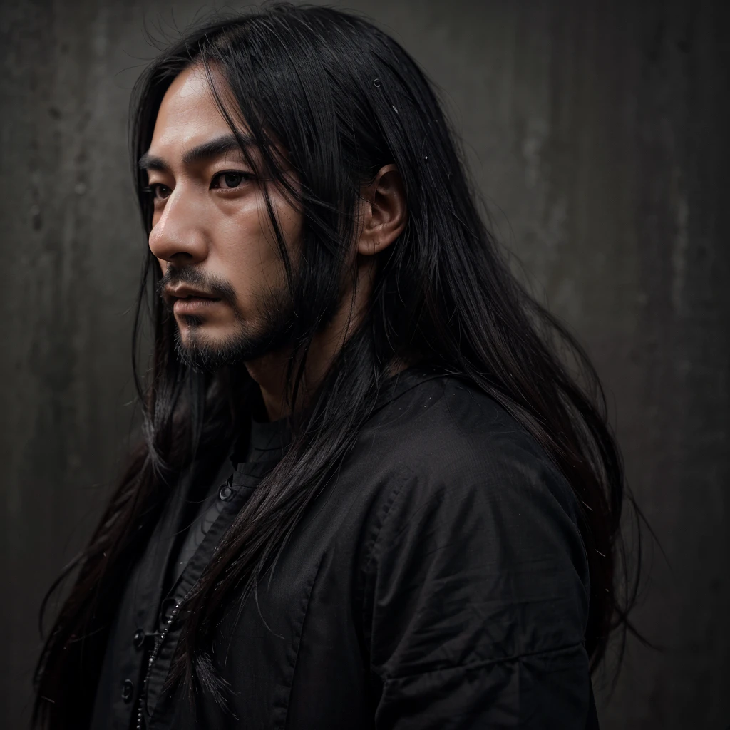 A japanese man, very long black hair, beautiful detailed eyes, detailed small nose, detailed lips, black medium beard, longeyelashes, serious expression, detailed facial feature, hyper realistic, dark moody atmosphere, muted color palette, dramatic shadows, with black clothes, profile picture 8k high definition