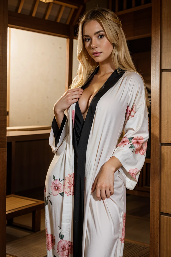 young busty blonde in kimono