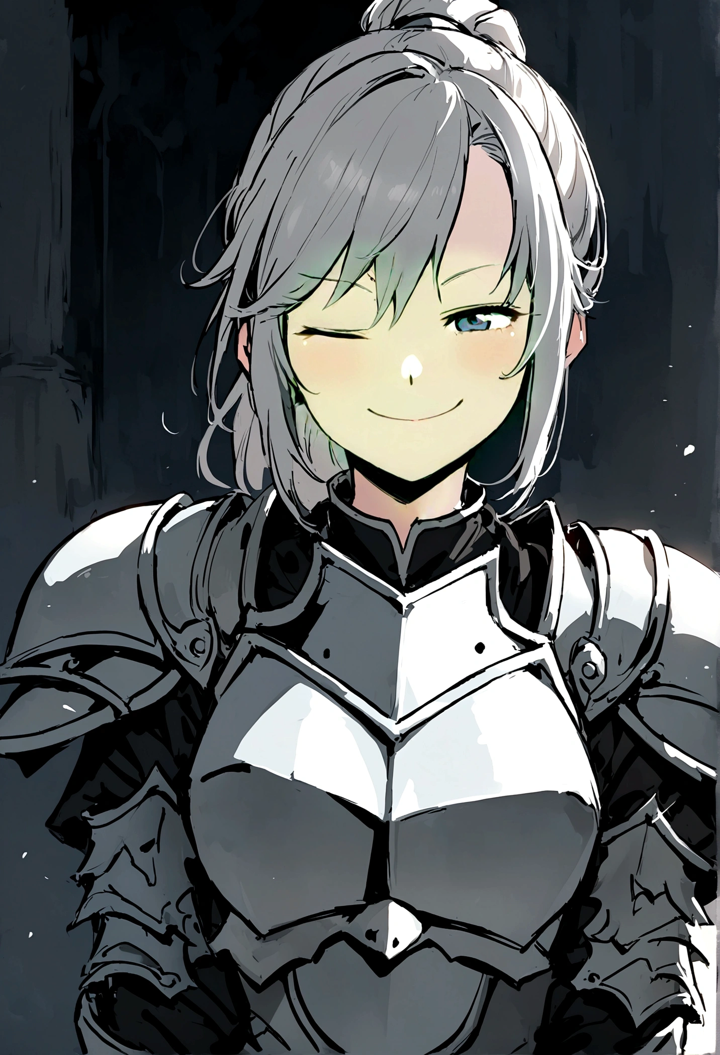 Beautiful girl knight in armor, Gray Hair, tsurime, fantastic, Face your body forward like a certificate photo, shoot from front, Ponytail, Armor Girl, beautiful female knight, Female Paladin, pale blue eyes, narrowed eyes squint, Talking mouth, upper body shot, drawing both arms, Mouth closed, eyes squinted even more, smiling face.