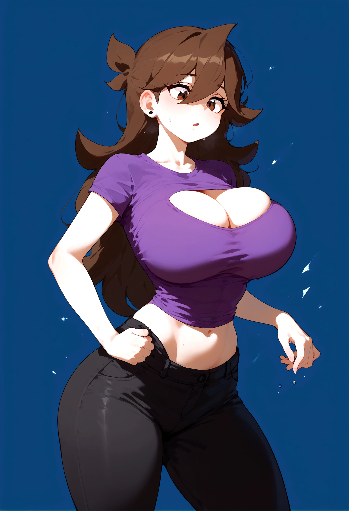 score_9, score_8_up, 1girl, female, solo, standing, jaiden animations, purple shirt, black pants, brown hair, long hair, white skin,BREAK , 1girl, solo, big breasts