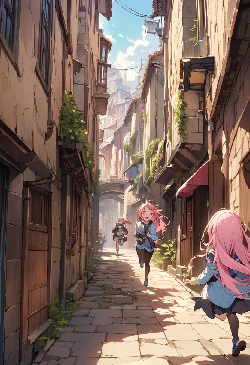 Town、Elongated passage、alley、Running pink hair girl