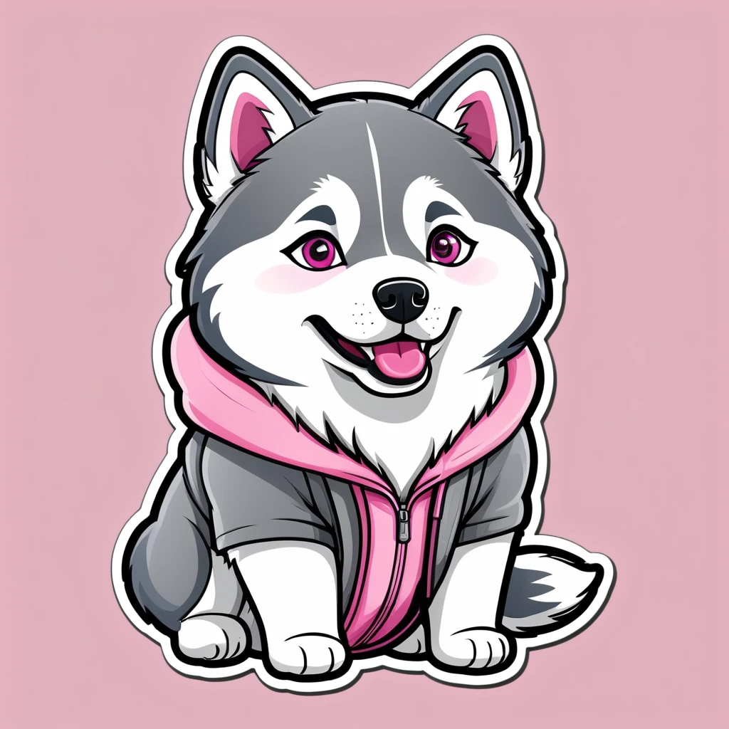 Clothing sticker design, cartoon husky, husky sticker, A high resolution, high detail, cartoon style, color gray and pink