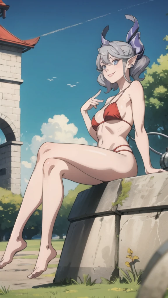 Beautiful arts wallpaper Sunset Outside castle top High level image quality best image quality 8K adult woman silver castle outside more colors whole body view portrait wearing pure red shaded bikini horn naked ears short hair((shortcut)(gray hair)(perm)(fluffy)) eye color is blue , , attractive evil face , smile , pulling humans rope , labrynth , barefoot , exposing her ass to others, seduction , on green Field , from below