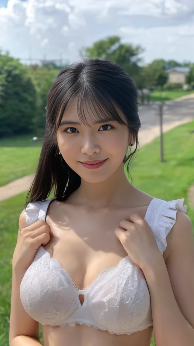 (((Very detailed CG Unity 8k 壁紙, Highest quality, Very detailed, masterpiece, Realistic, photograph))), (((A body with the correct skeletal structure)))Japanese women、Japanese、、Sunburned skin、Tanned Gal、In underwear、(Sexy white ruffle bra、Sexy lace white frill panties)、((とても小さいchest、小さいchest))((chestの谷間:1.2))、((chest、Titty fuck pose))、((chestの下部分を両手で持ち上げる:1.5))、(Turn your body forward、Looking into the camera)、(A shy smile、blush:1.3)、Warm and sunny spring sky、Shot from the thigh up