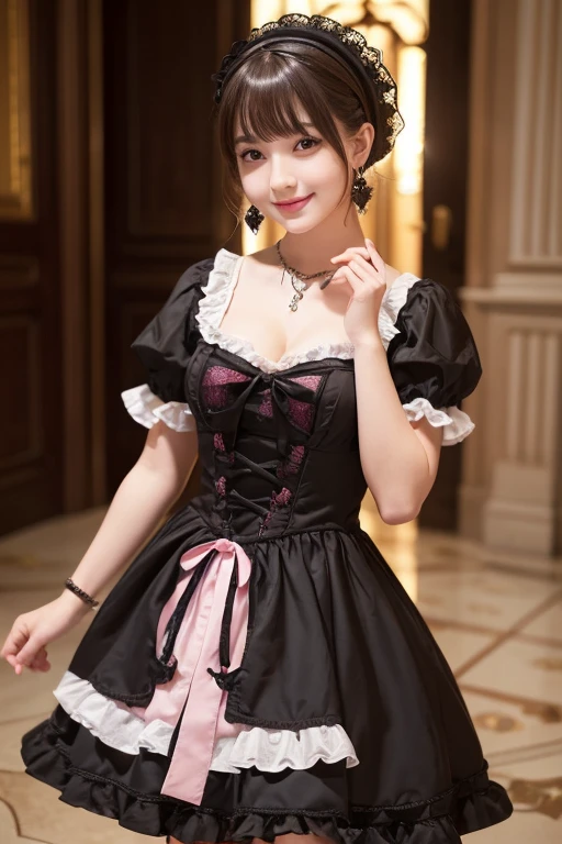 girl, White skin, ((Dark brown short tiered hair)), V cut with layers and bangs, Brown eyes, Soft atmosphere characteristics (Highest quality, 超High resolution, 8K, RAW Photos, 超High resolution: 1.2, masterpiece: 1.3), (Realistic, Realistic: 1.37), Very detailedな, Professional Lighting, Photon Mapping, Radio City, Physically Based Rendering, One Girl, (high school girl), Sharp focus:1.2、Beautiful woman:1.4,cute, Nice, Adorable, smile, Normal chest, necklace、(Cleavage)、((Gothic Lolita Fashion、Pink and black gothic lolita outfit、red、A frilly long skirt that covers your feet))、Earrings,ring、意地悪なsmile, (Absurd, High resolution, Very detailed)、(fine grain)、(Detailed facial features)、(Detailed clothing features)、Beautiful Skin、(Glowing Skin)、身で美しいgirl)、(Beautiful leg lines)、One Girl、(Full Body Shot)、cute、Smile、Flower Field、Selfie、
