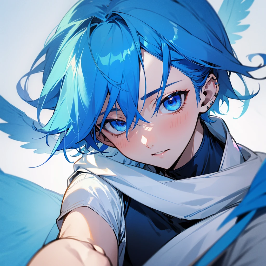 A young man with blue hair, piercing blue eyes, and blue bird wings ใสชุดญี่ปุ่นสีฟ้าสีทอง