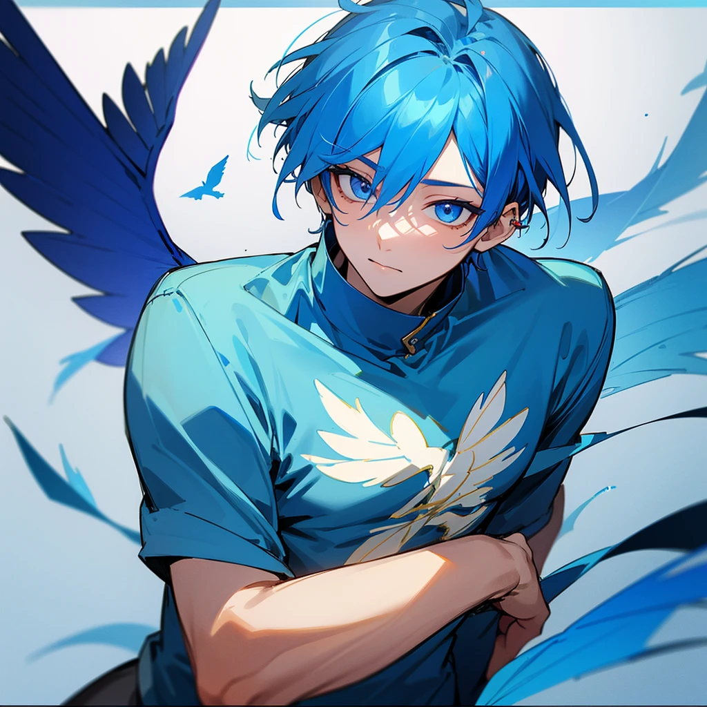 A young man with blue hair, piercing blue eyes, and blue bird wings ใสชุด​ญี่ปุ่น​สีฟ้า​สีทอง​