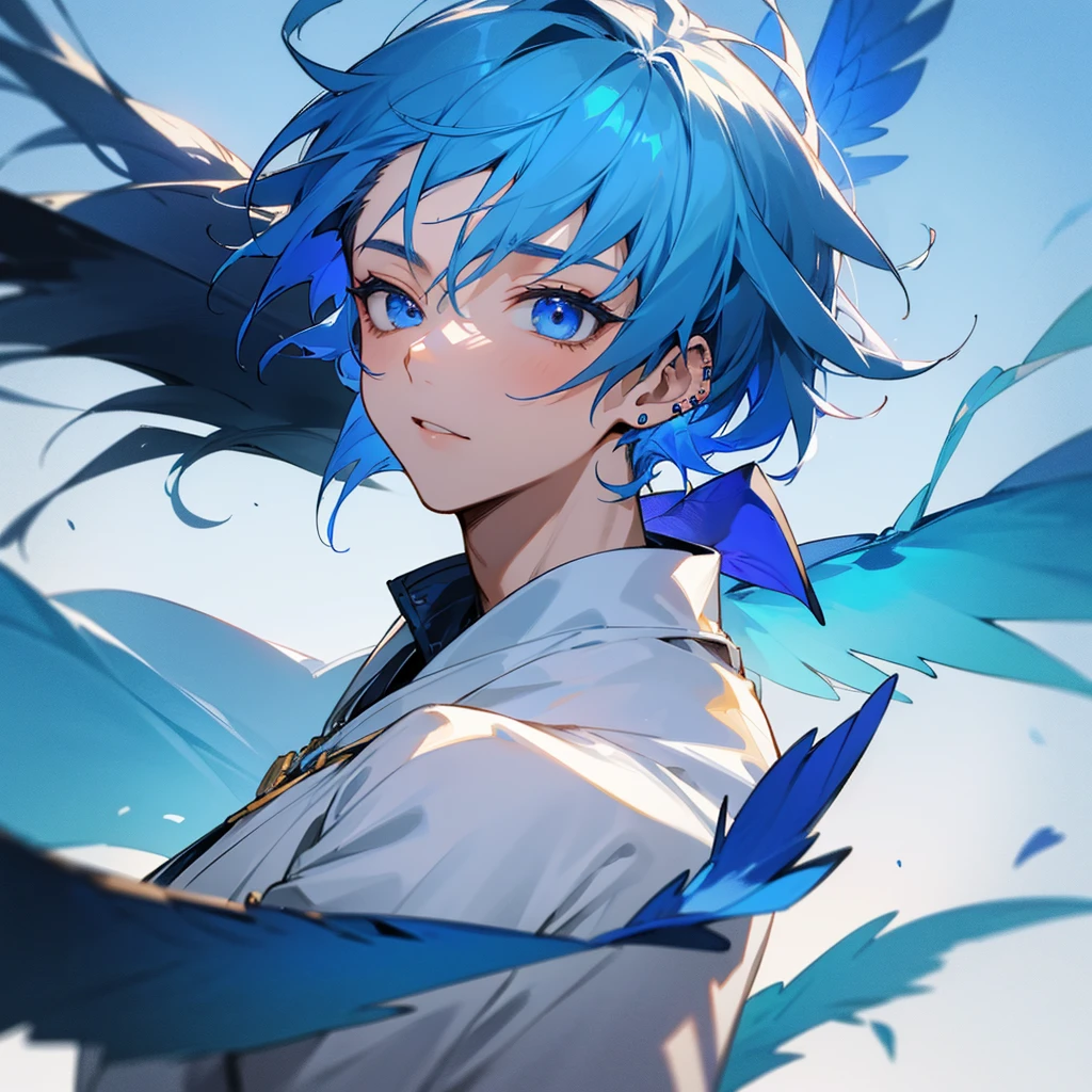 A young man with blue hair, piercing blue eyes, and blue bird wings ใสชุดญี่ปุ่นสีฟ้าสีทอง
