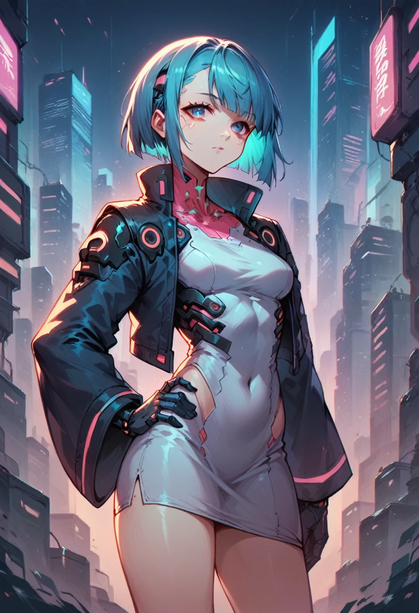 high quality image, futuristic anime style, cyberpunk, a girl in a futuristic city, neon colors, jacket with wide sleeves and white dress, medium hair with bangs, sultry body, blue hair on the outside and pink on the inside, cyan eyes, skin fair, hand on hip